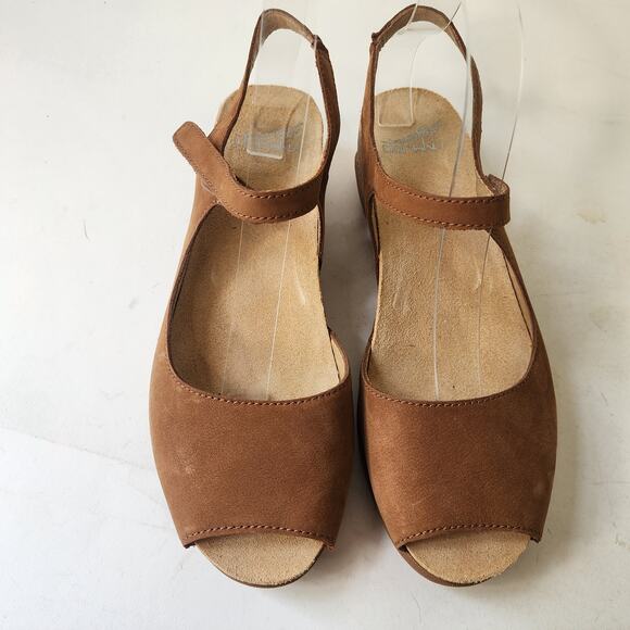 Dansko Marcy Slingback Wedge Sandal EU 39 US 8.5-9 Brown Nubuck Peep Toe Leather - Picture 3 of 6